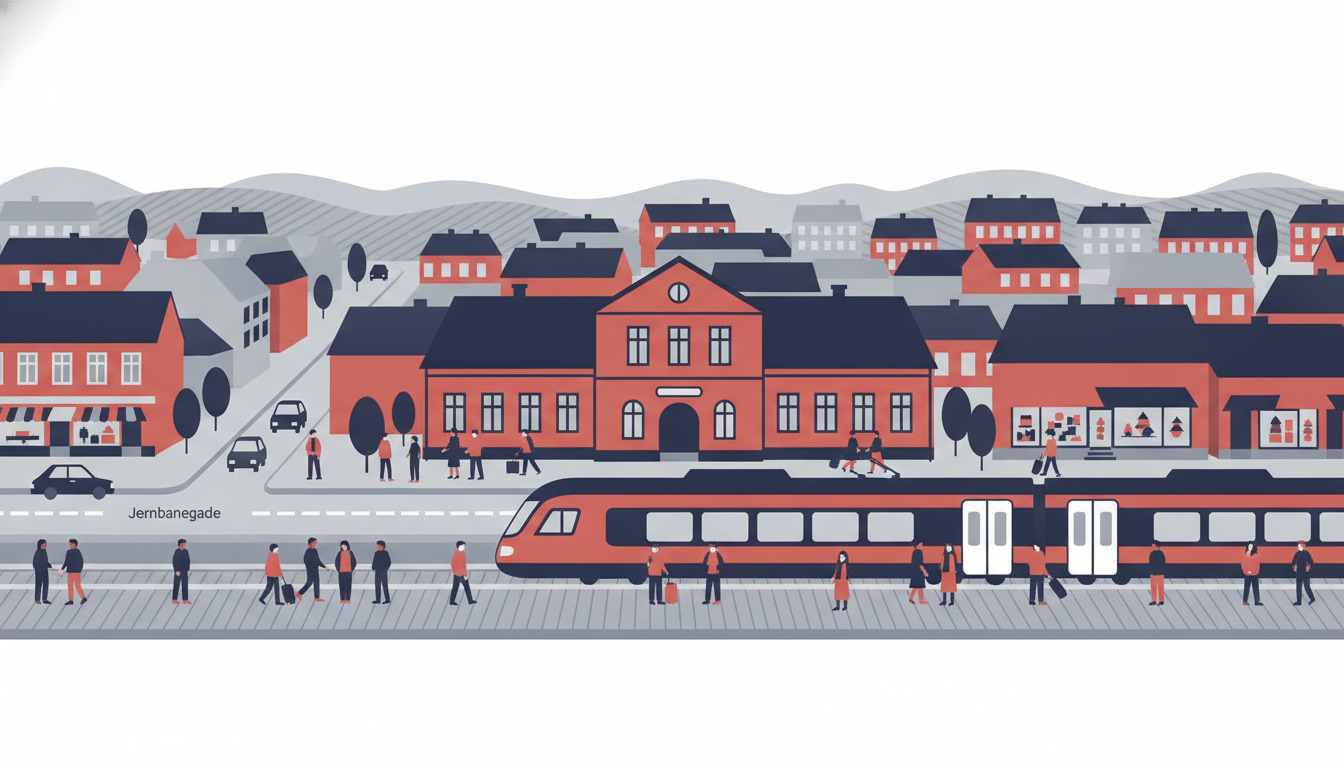 Stiliseret dansk togstation med moderne togsæt ved perronen, rejsende på færde, stationsbygning centralt, Jernbanegade synlig, typiske røde og grå nordiske huse i baggrunden.