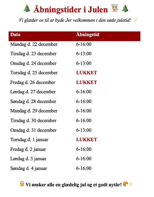 Åbningstider mellem jul og nytår hos Det Lune Brød - Hobro