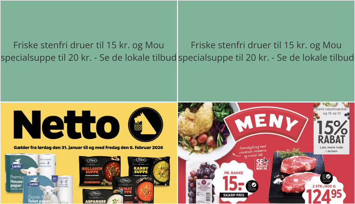 Friske stenfri druer til 15 kr. og Mou specialsuppe til 20 kr. - Se de lokale tilbud