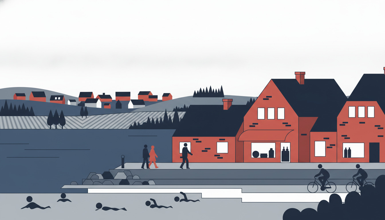 Solbjerg Sø skridsø-landskab med svømmere, cykelister og vandrere, der nyder friluftaktiviteter langs bredden, med morænebakker og skovflekker i baggrunden.