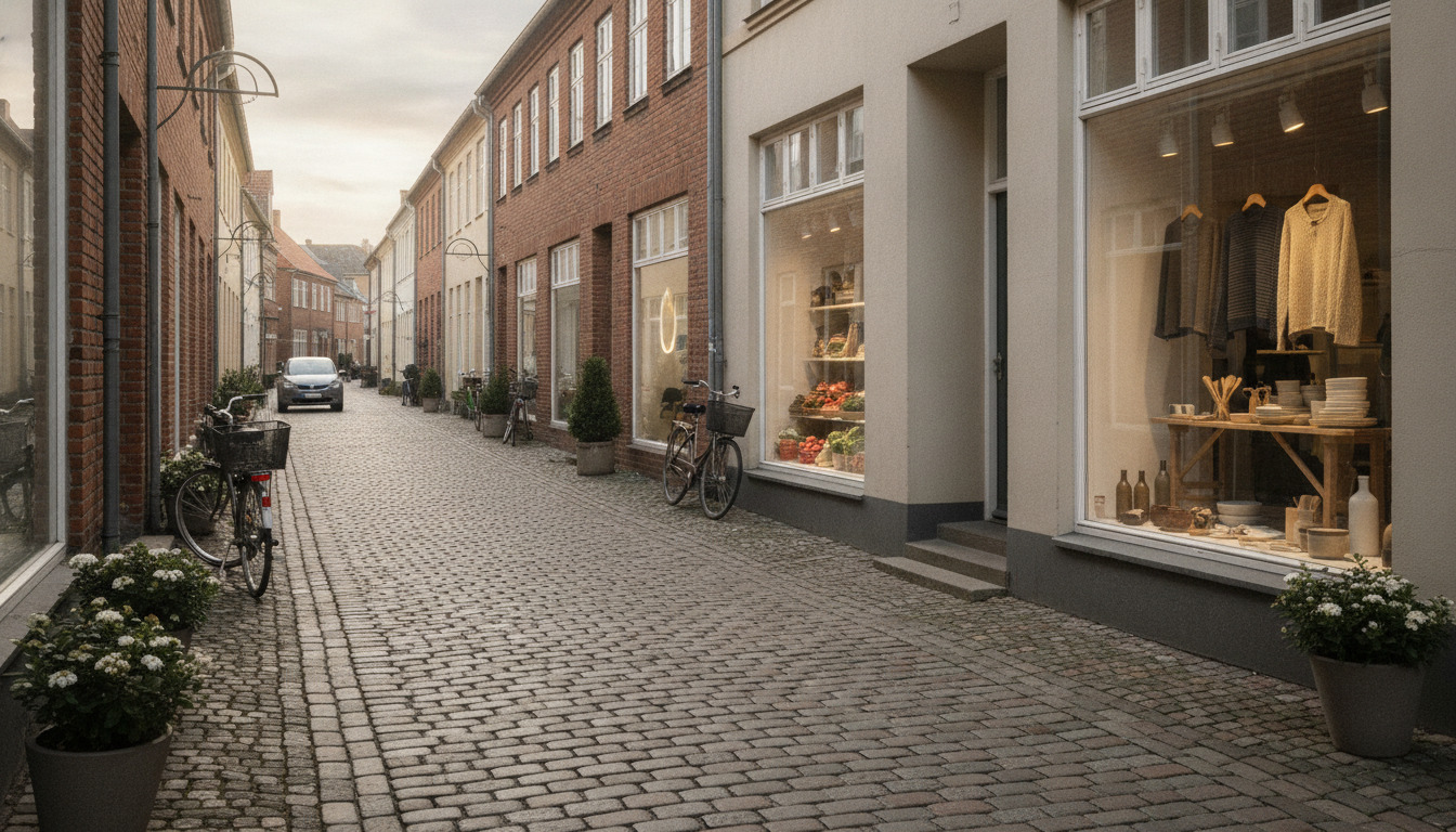 Generisk nordisk gadesce med rødt tegl, butiksvinduer og cykel på tory.