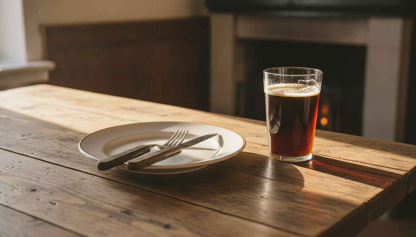 Servetat på træbord med hvid tallerken, bestik og øl i glas i varmt dagslys.