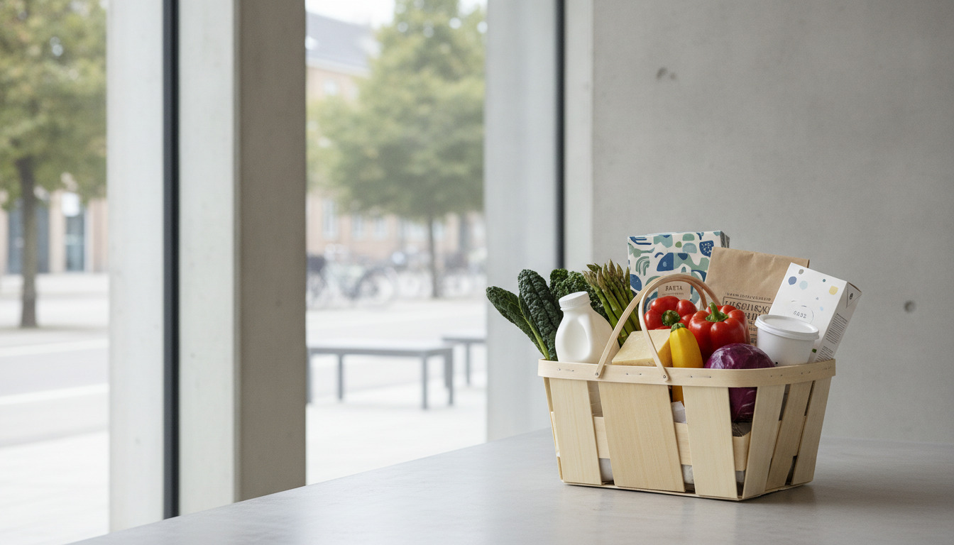 Tæt optagelse af kurv med friske grøntsager, mejeriprodukter og varer på neutral bordoverflade.