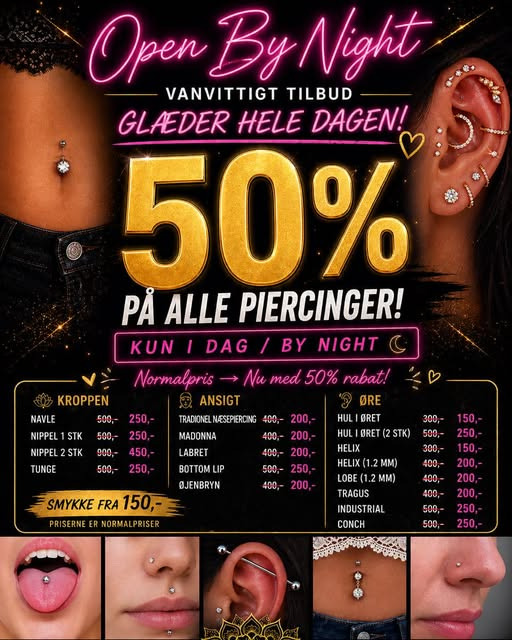 Mr. & Mrs. Tattoo tilbyder 50% rabat på alle piercinger ved åbent-aften evenement på torsdag