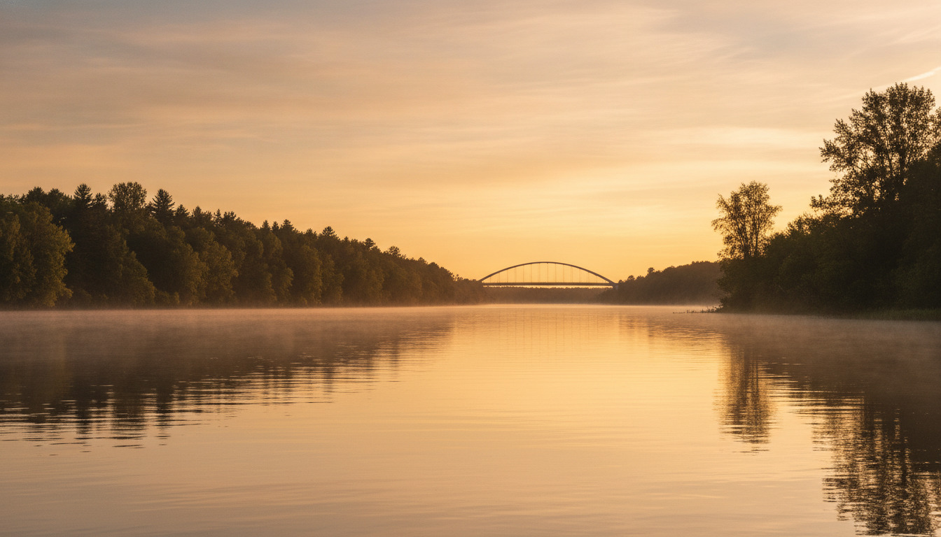 Stille vandflade ved solnedgang med skov og stiliseret bro i silhuet på horisonten.