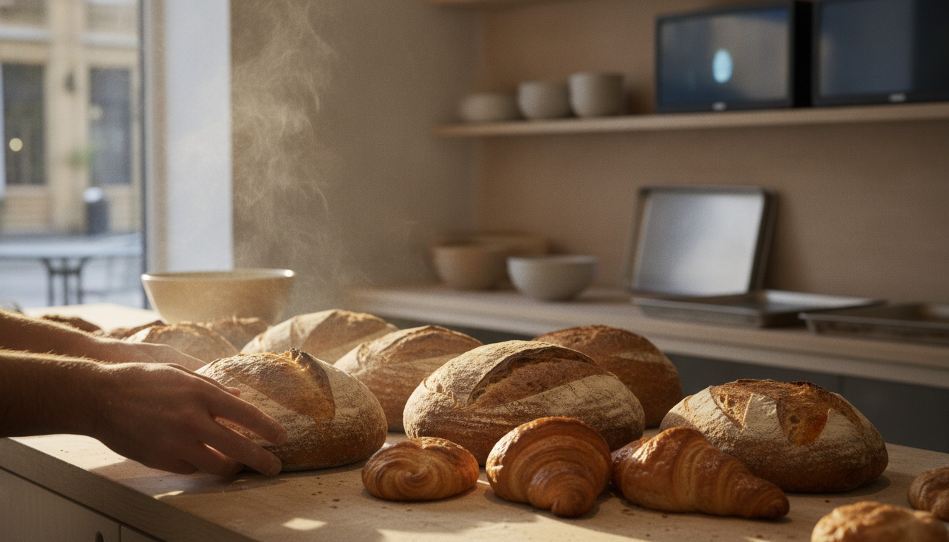 Håndværker holder frem artisanalt dansk brød og buskrumpler på træbord i varmt naturlys.