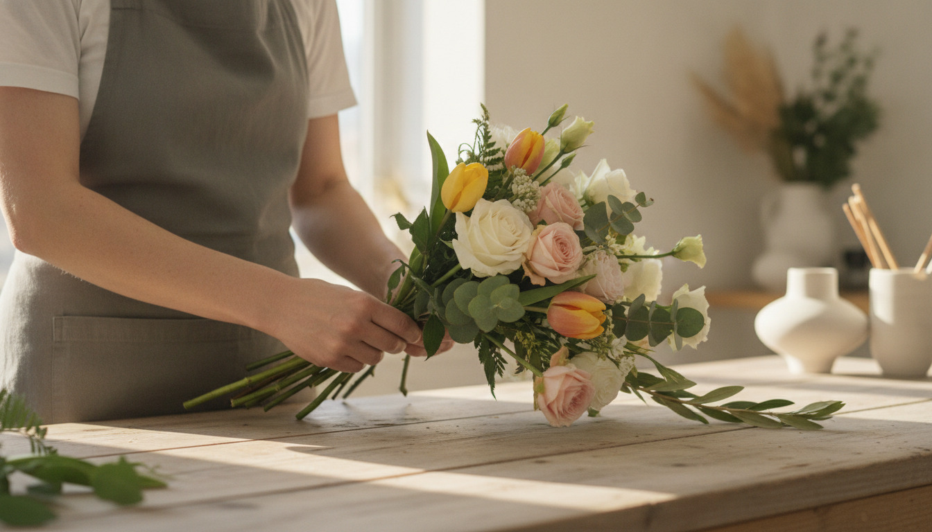 Blomsterarbejder holder en frisk buket med roser, tulipaner og grønt på arbejdsbordet i naturligt dagslys.