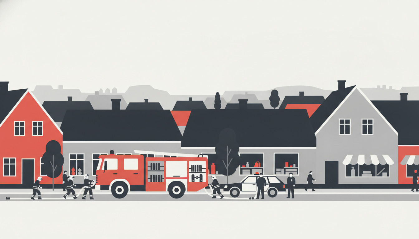 Fladt vektorillustration af brandmand og politi i aktion på en dansk bygang med røde brandmand, sorte patruljevogne og små huse med karakteristiske tage.