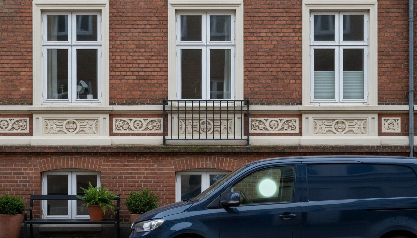 Detalje af rød mursten og ornamental stukkaturbånde på en historisk dansk bygningsfacade.