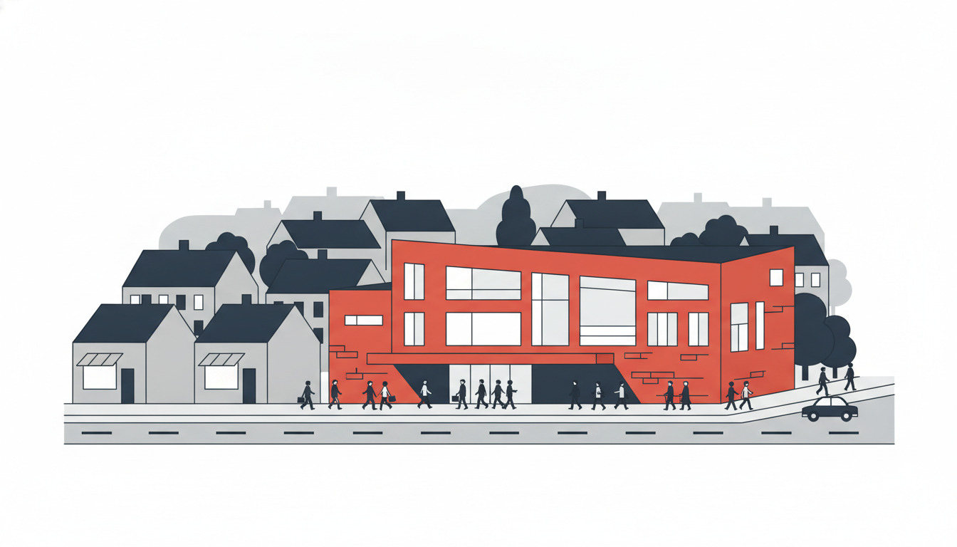Moderne rødt biblioteks- og kommunalbygning med stort vinduesparti og velkomment indgang, omgivet af bolighusets tage og borgere på gaden.