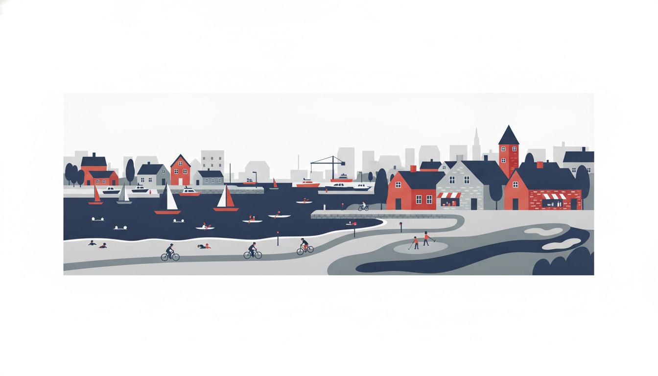 Bogense-vandkantscene med sejlbåde, svømmere, cykelryttere, golfspillere og røde-taguede havnebygninger i flat-vector-stil.