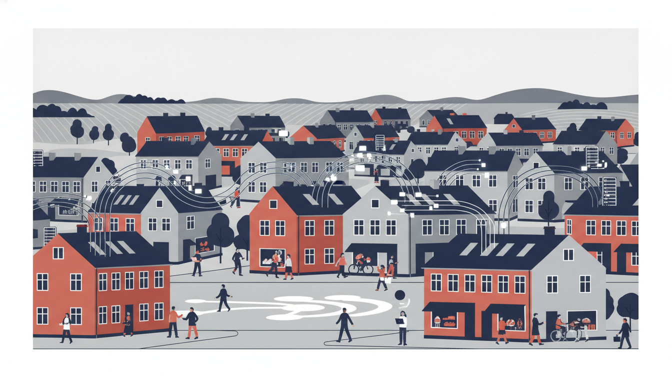 Fladvektor-illustration af et farverigt dansk boligkvarter med røde murstens- og grå huse, bølgende bakker, aktivt gadebillede og stiliserede digitale forbindelsesledninger, der repræsenterer moderne fibernet-infrastruktur.