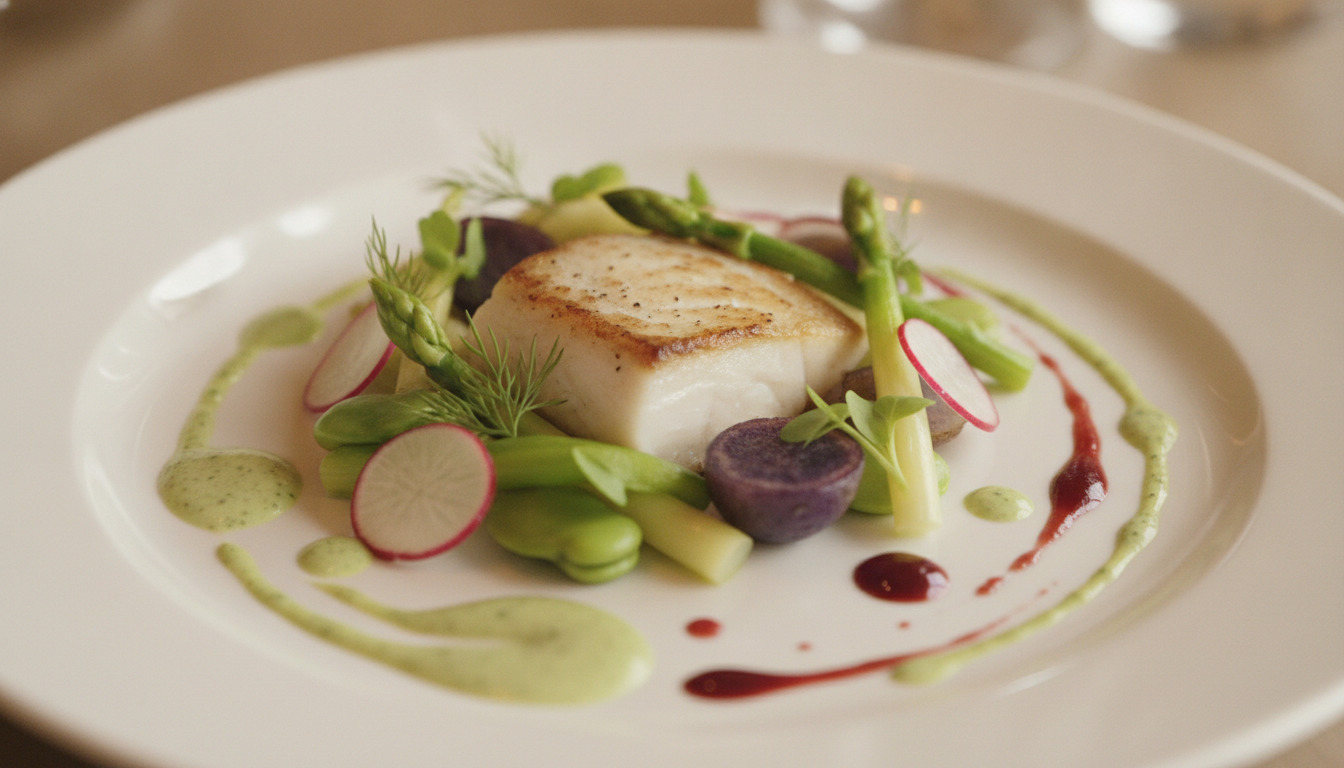 Elegant plated fiskeret med hvidt fiskekød, grønne asparges, radiser og kunstnerisk saucering på hvid tallerken.