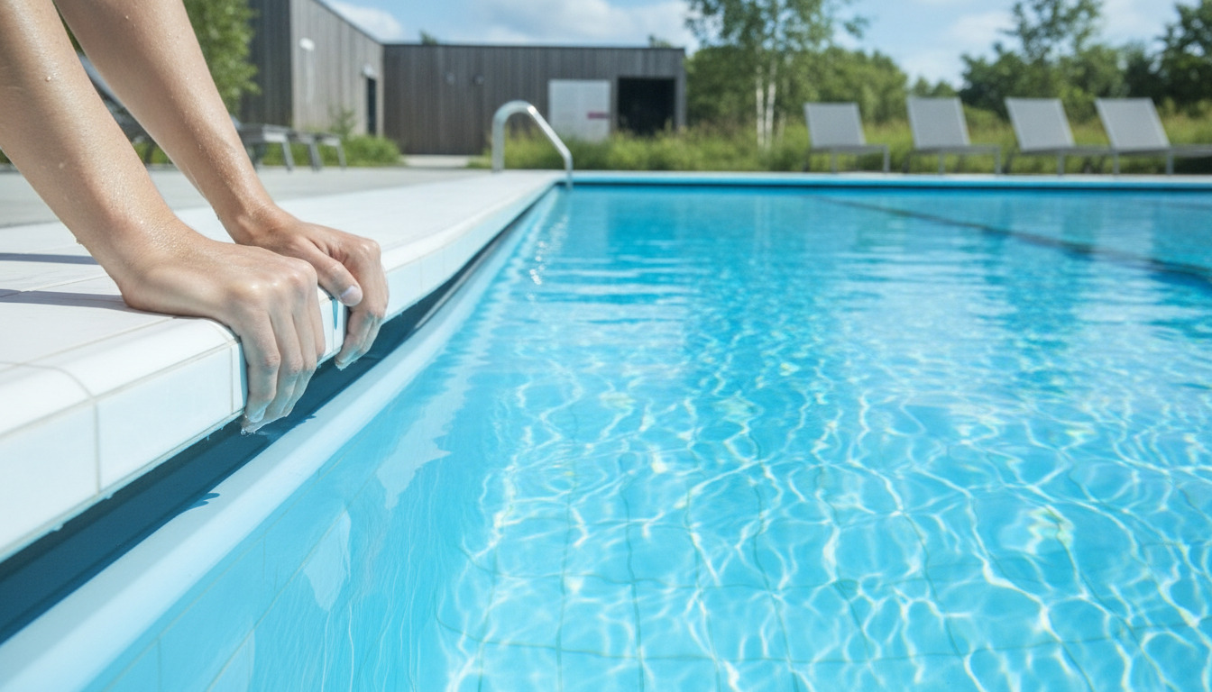 Hænder griber poolkanten ved en blå outdoor pool på en solrig dag; tæt closeup af hænder og vand.