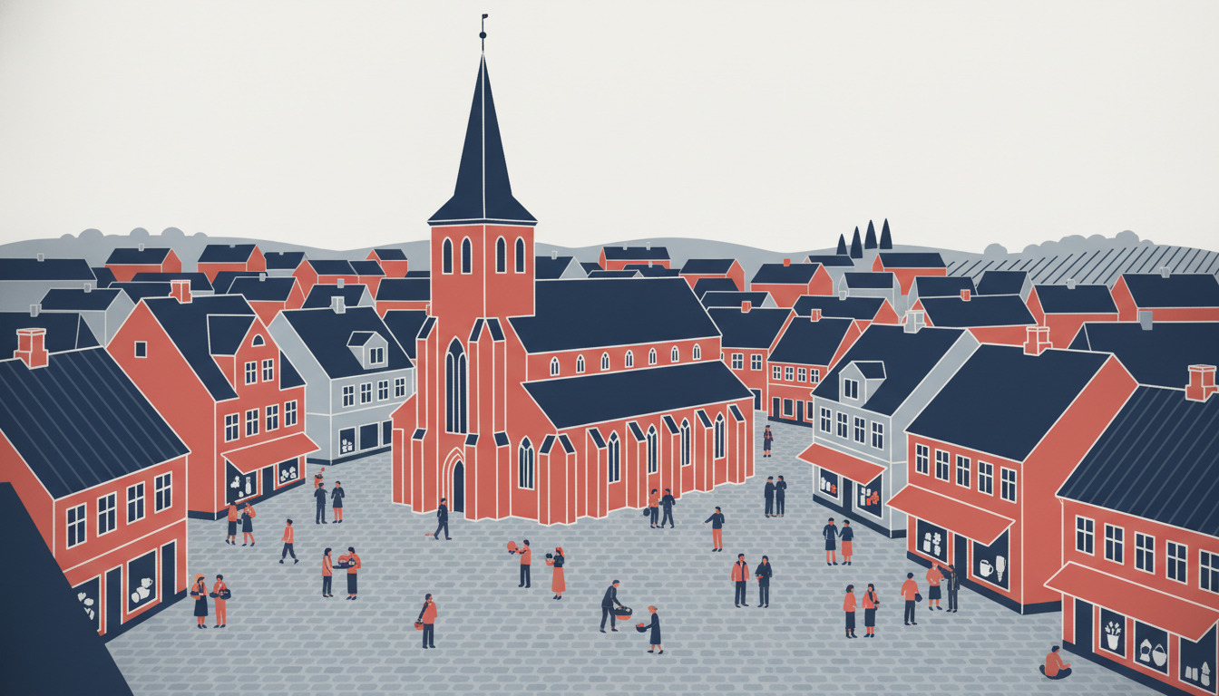 Allinge Kirke, en rød-muret middelalderkirke med et fremtrædende mørkt spir, dominerer centrum af en brolagte byplads omgivet af traditionelle skandinaviske boligbygninger med stejle tage og rød-muret facader.