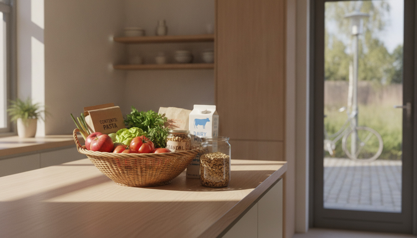Kurv med friske grøntsager, frugt og dagligvarer på køkkenbord i naturligt lys.
