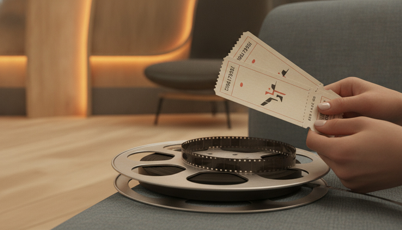 En hånd holder uklart markerede biografbilletter ved en filmrulle med utydeligt præget tekst, skabt cinematisk stemning.