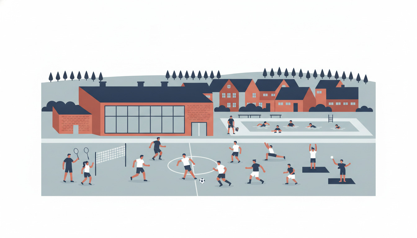 Fladvektor-illustration af Bordings sportstilbud: en moderne sportshall med store vinduer, udendørs svømmebassein og en fodboldbane hvor lokale mennesker spiller fodbold, badminton og gymnastik.
