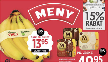 Økologiske bananer til 13,95 kr. og hakket dansk grisekød til 39,95 kr. hos Meny