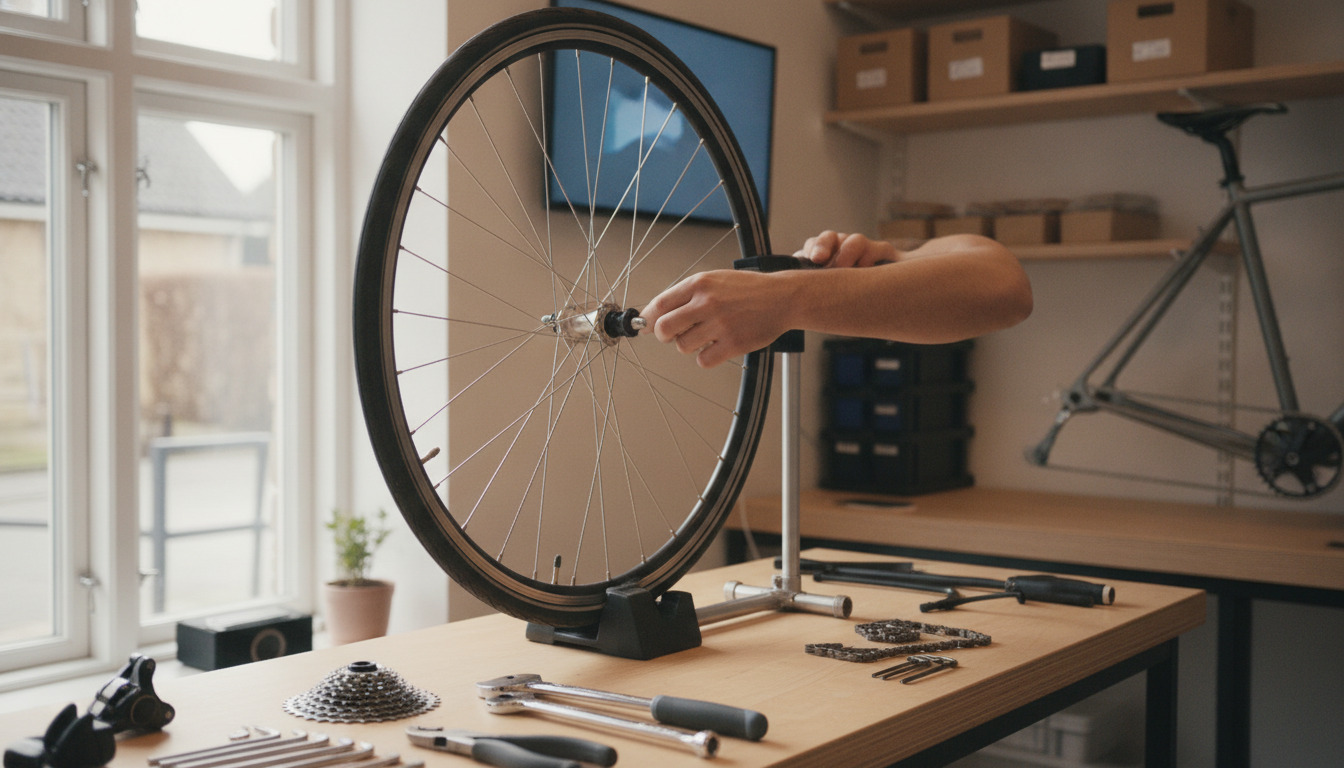 Hånd justerer cykelhjul med værkstøjsredskaber på arbejdsbænk i dagslys.