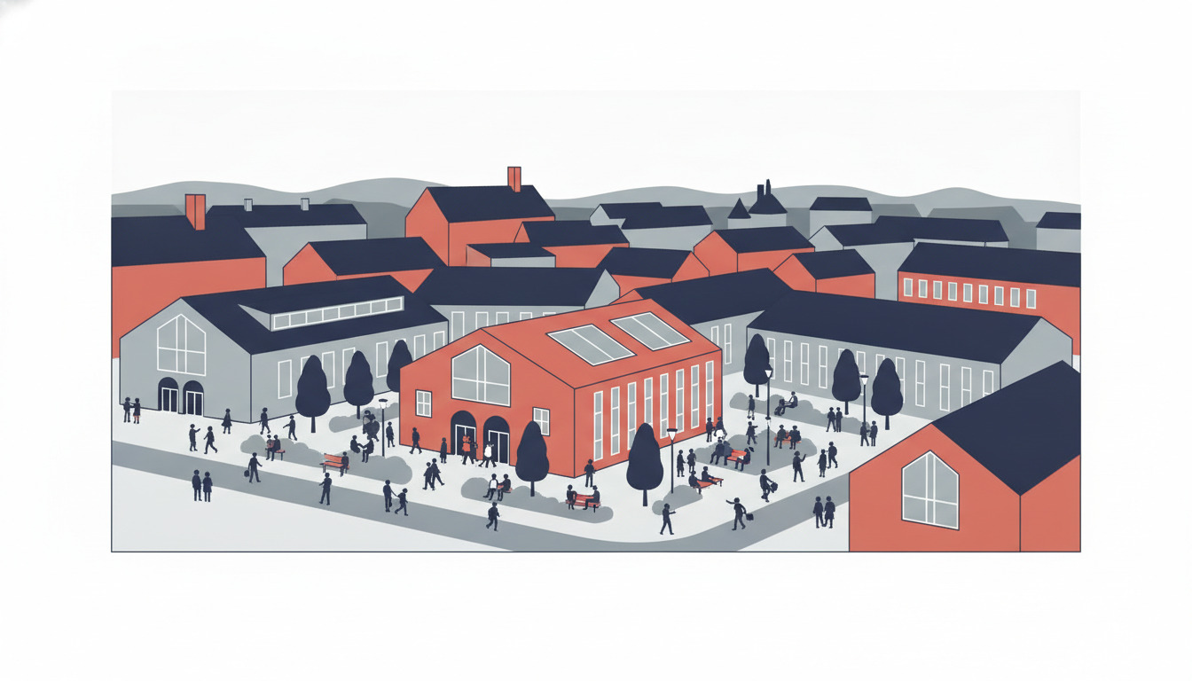 Flad vektorillustration af en moderne dansk uddannelses-campus i Middelfart med forbundne røde mursten- og gråtonsbygninger, store vinduer, gårdsplads med studerende, træer og rullet bakket baggrund.