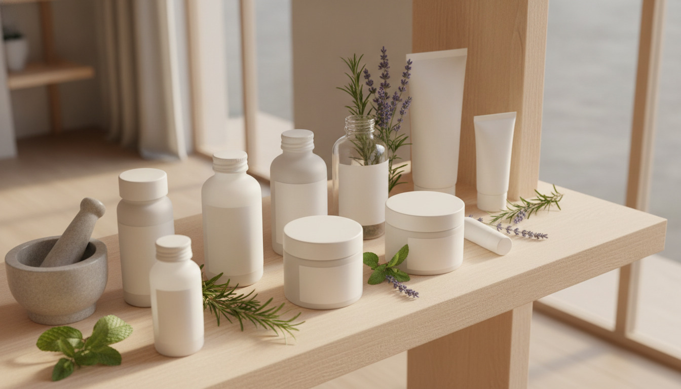Naturlige kosmetik- og wellnessprodukter: ubrandet hvide flasker, krukker og rørafølger med friske urter på træ.