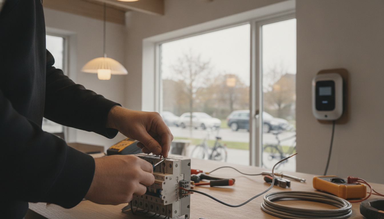 Elektriker arbejder med elektriske kabler og komponenter på arbejdsbord med værktøj i fokus.