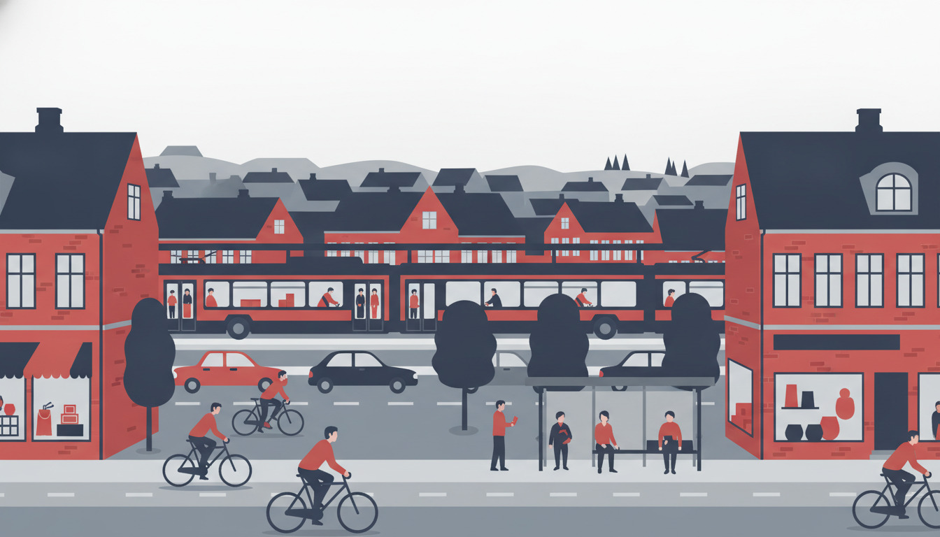 Ebeltoft gadesce med cyklister på cykelstier, rød bus ved transitknutepunkt, parkerede biler, fodgængere, traditionelle røde mursten danske bygninger og træbeplantede gade i flad-vektor stil.