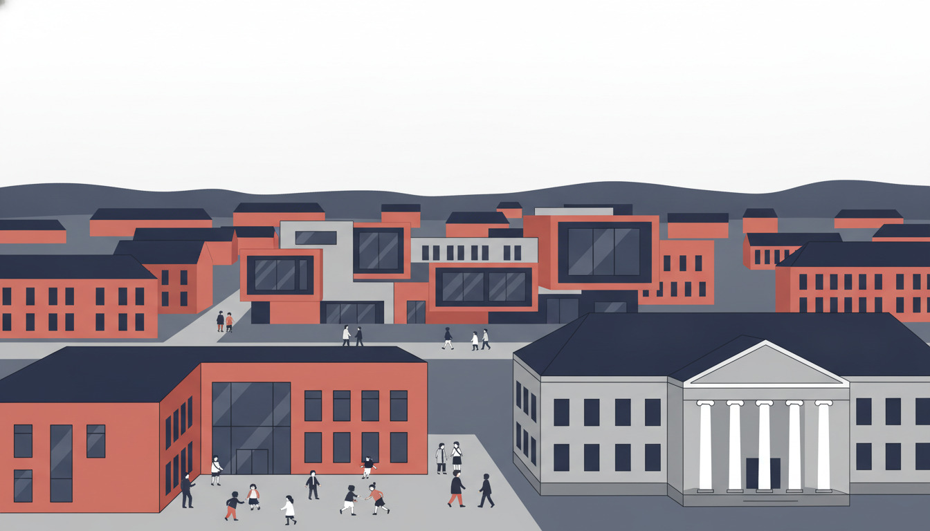 Fladvector-illustration af Frederiksberg's uddannelsesknudepunkt: moderne orange folkeskole med store vinduer og gårdsplads, klassisk gymnasium med hvide søjler og mørkt tag, samtidigt forretningscampus i baggrunden, mangfoldige studerende fra børn til voksne på plads.