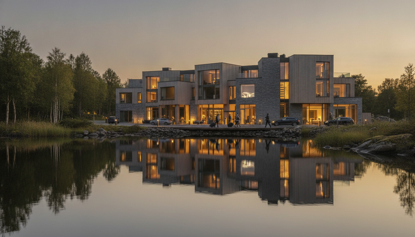 Moderne bygning ved vandkant i skumring med gæster ved indgangen, reflekteret i stille vand.