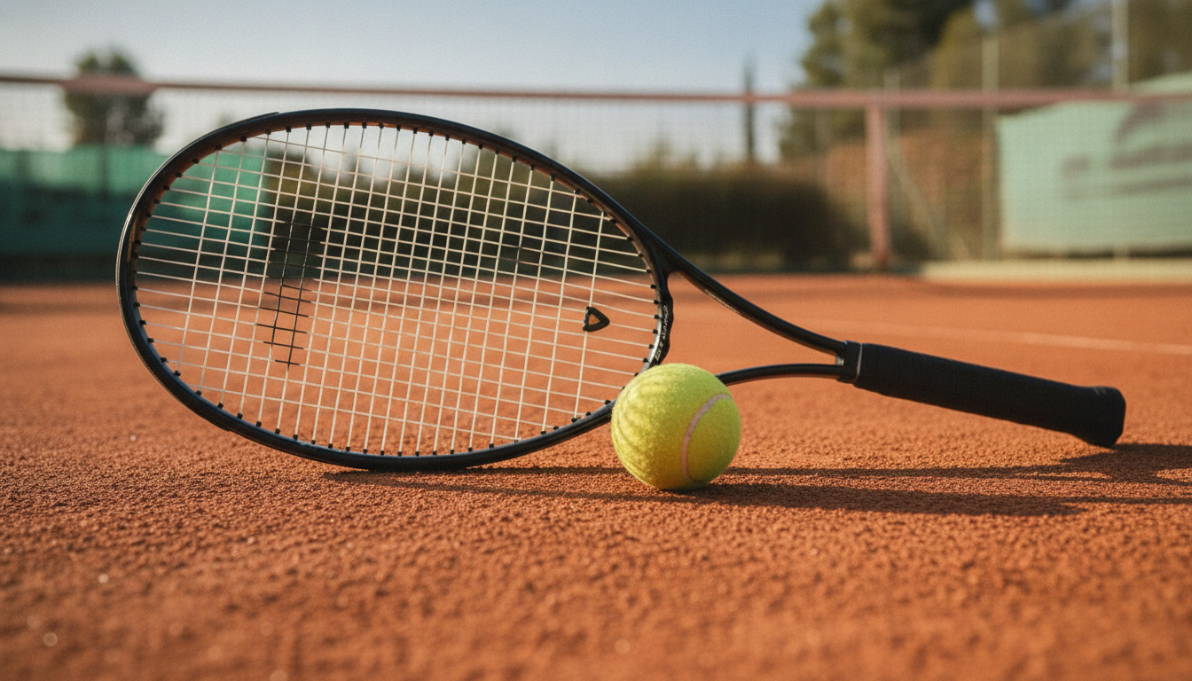 Tennisketcher og bold på rødt clay-underlag med tekstureret baneoverflade i nærbillede.