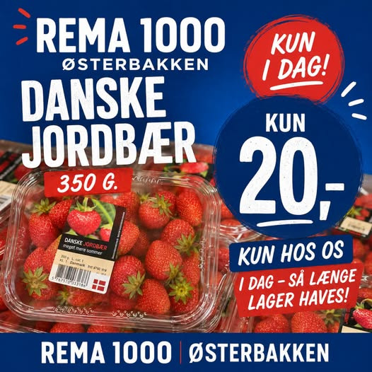Rema 1000 Rosenkrantzgade har danske jordbær til 20 kr. kun i dag