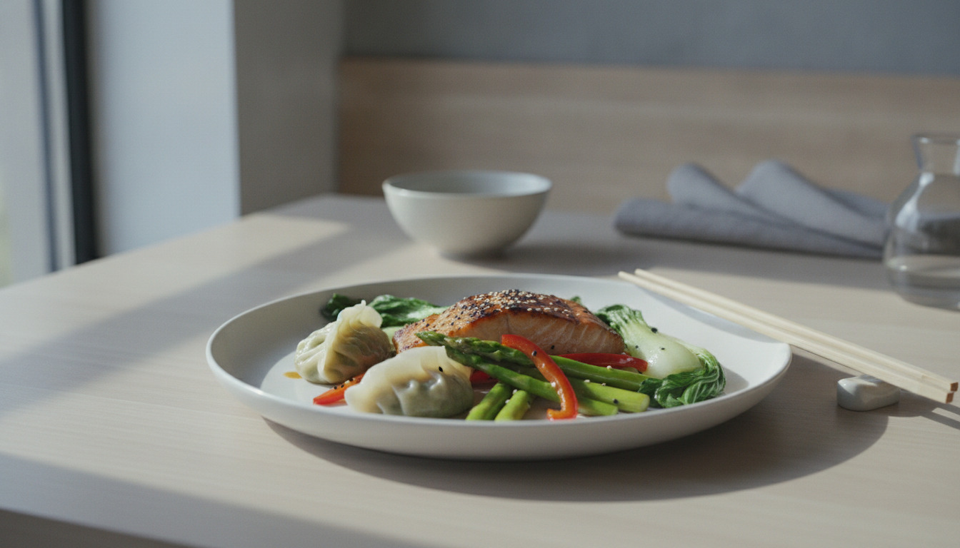 Nærbillede af en finere serveret asiatisk ret med dumplings, grøntsager og protein på hvidt porcelæn med spisepinde.
