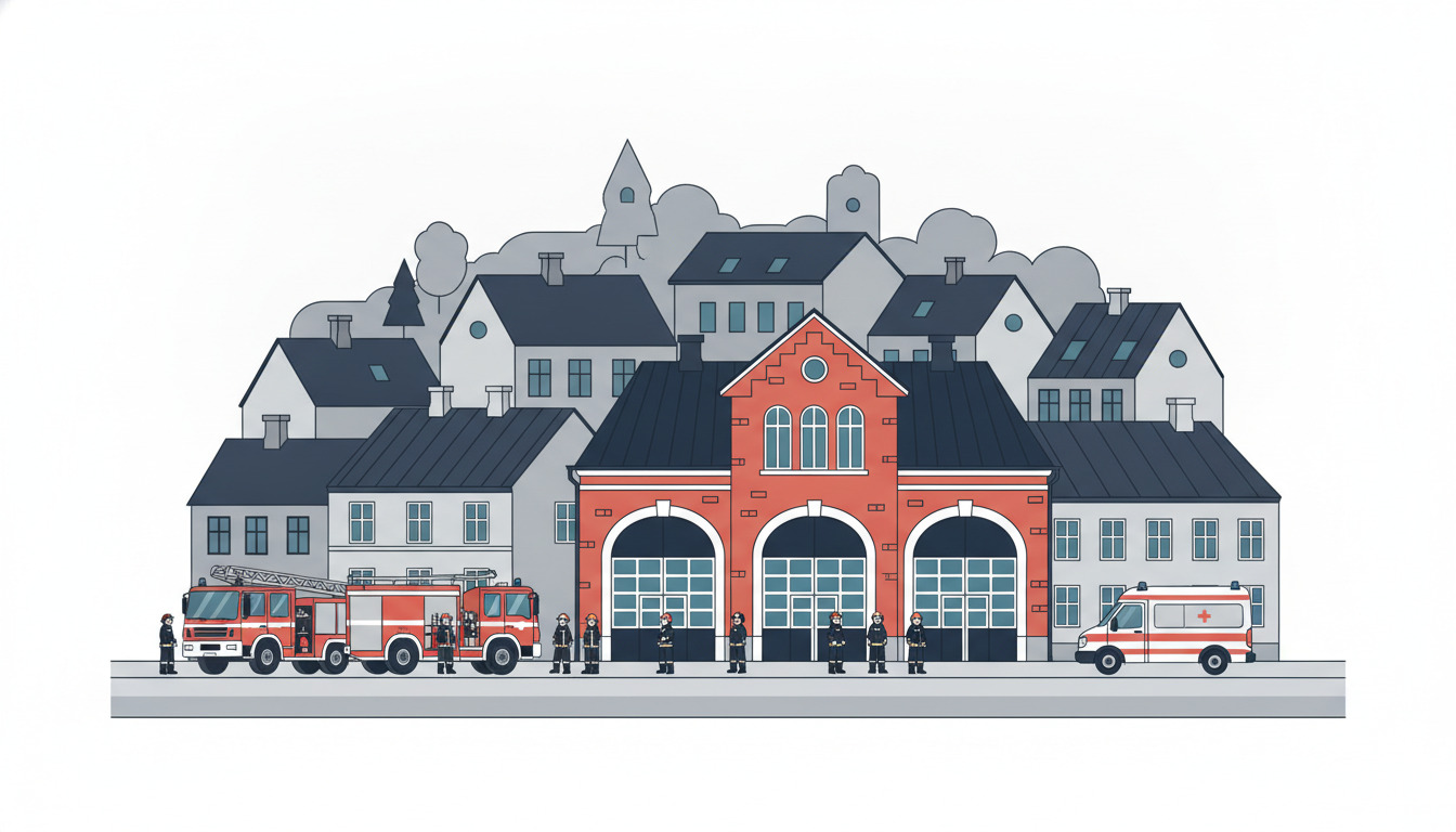 Langå brandstation med rødt hovedbygning, store garagedøre, brandmænd og ambulance foran, omkranset af hvide boligbygninger.