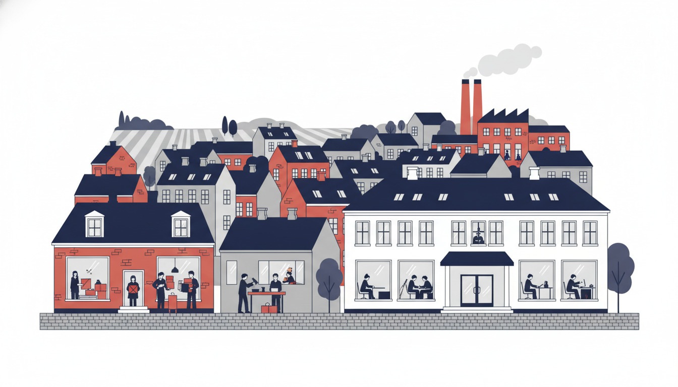 En stiliseret Næstved-byplads med blandede arbejdspladser: butik med personale, værksted, kontorby med arbejdere ved vinduer, og røde industriskorsteen i baggrunden symbolisering beskæftigelse på tværs af detailhandel, håndværk, offentlig sektor og industri.