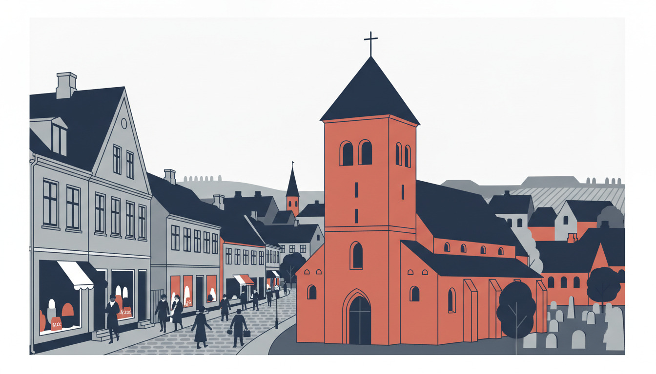 Flat-vector illustration af en middelalderlig stenkirke med romanskarkitektur, rødt murværk og højt tårn med spir, dominerende på en snæver gade blandt gamle borgerhuse i Fåborg, med kirkegård og gammelbybygninger i baggrund.