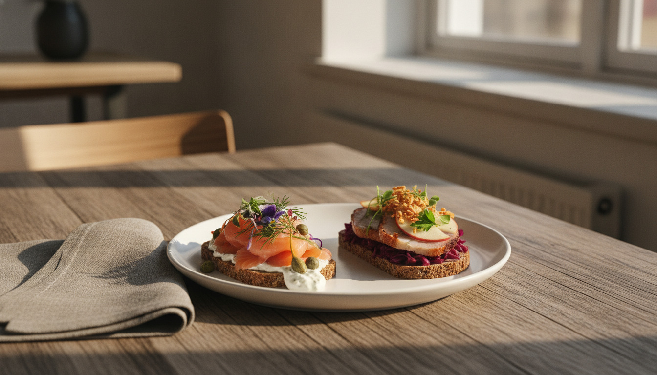 Finretter på hvid tallerken med smørrebrød, grøntsager og friske urter på træbord i naturligt lys.