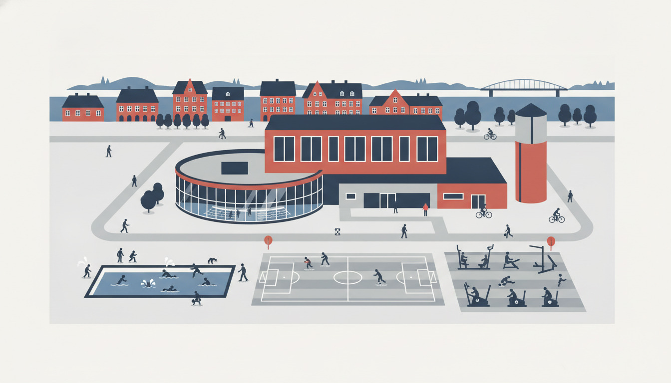 Fladt vektorillustration af Middelfarts sportsfaciliteter, der viser et moderne svømmebadskompleks og sporthall med røde mursteenshuse i baggrunden, omgivet af mennesker, der svømmer, spiller fodbold og træner i forskellige rekreative områder.
