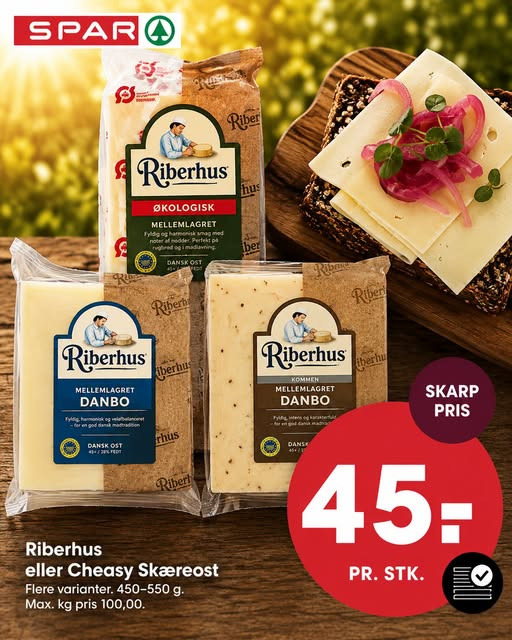 SPAR Visse tilbyder skæreost fra Riberhus eller Cheasy til 45 kr. pr. stk.