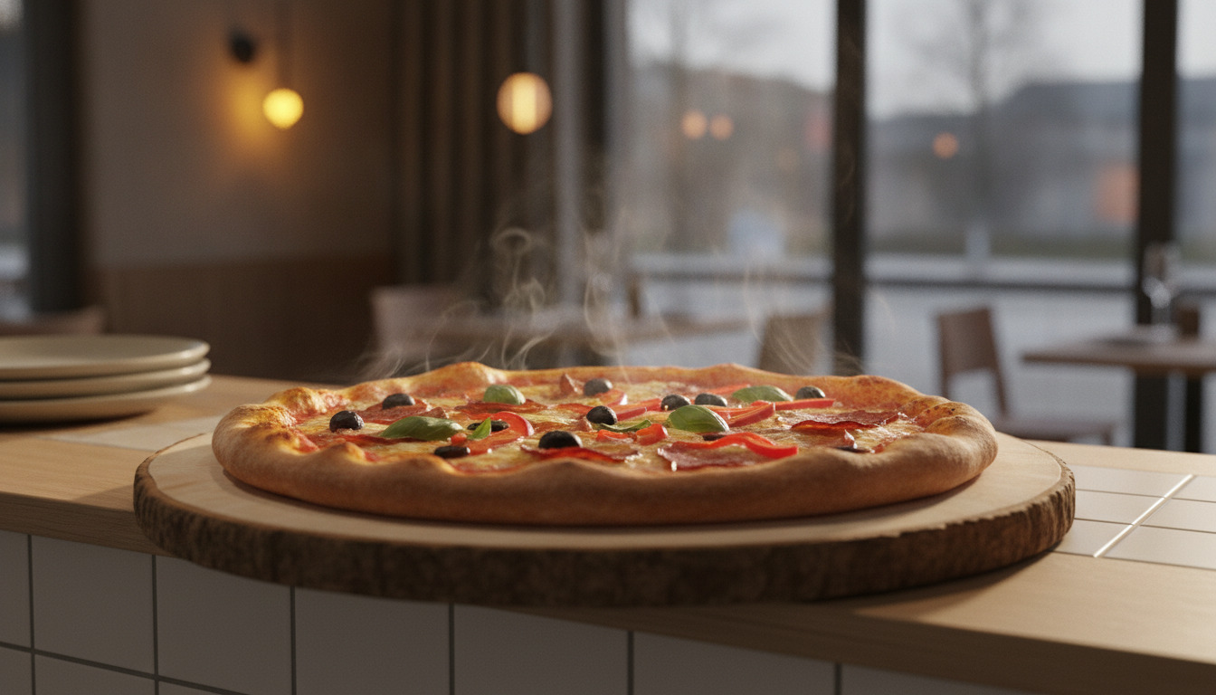 Nærbillede af friskbagt pizza med ost, skinke og oliven på træbræt med steg.