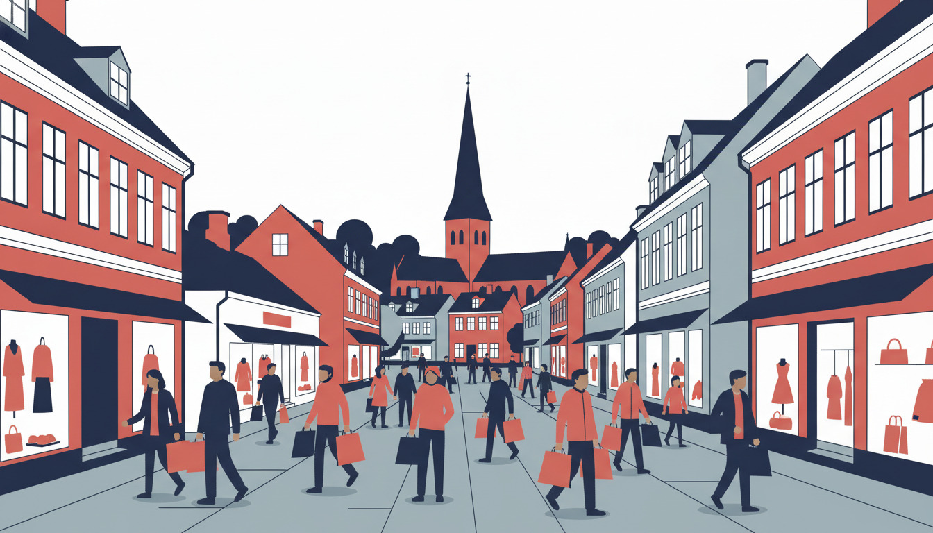 En levendig gågade i Haderslevs centrum med forretninger, butiksvinduder og Shopping folk, Haderslevs Domkirke med karakteristisk spir i baggrunden.