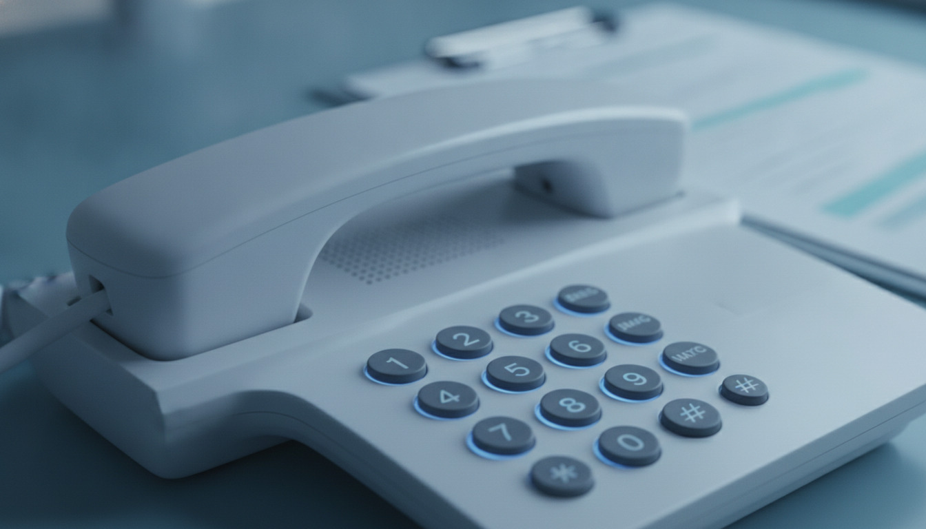 Nærbillede af hvid telefon med nummerpad og hører på blå baggrund.