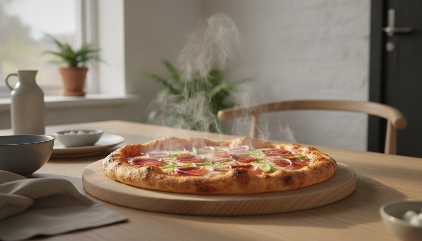 En friskbagt pizza med fuldkorn, ost og pålegg på træplade, damprende i naturligt lys.