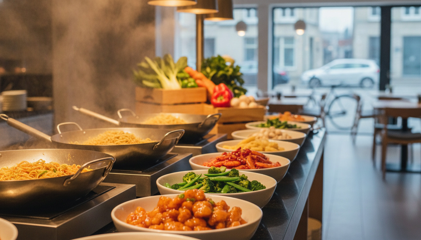 Tæt optagelse af asiatiske retter i skåle og woks på en restaurantbord med varmt lys og grøntsager.