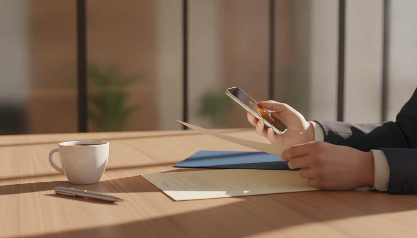 Hænder holder smartphone og papirer ved træbord med kaffekop og pen i dagslys.