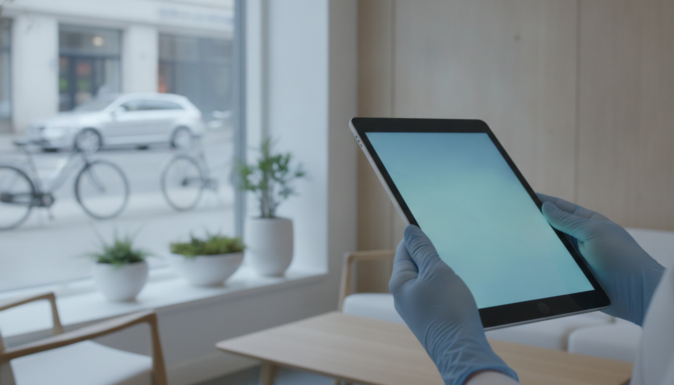 Hænder i blå handsker holder en tablet med tom skærm i et hvidt kontor med naturligt lys.