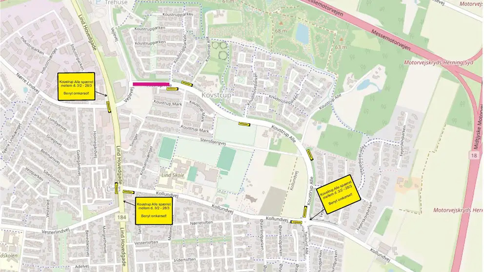 Vejspærring og omkørsler i Herning: Gravarbejde lukker Koustrup Allé i februar og marts 2025