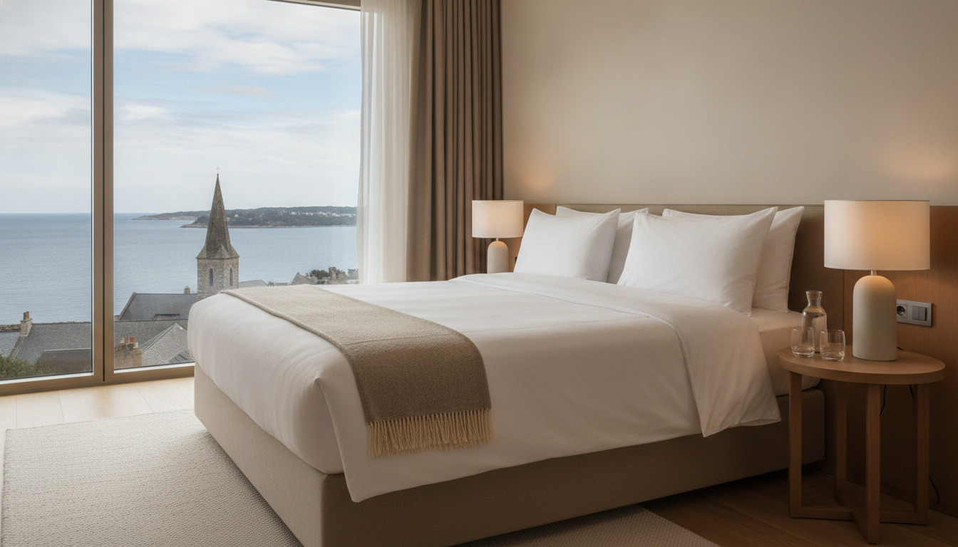 Lyst hotelværelse med hvid seng, natlys og udsigt gennem stort vindue.