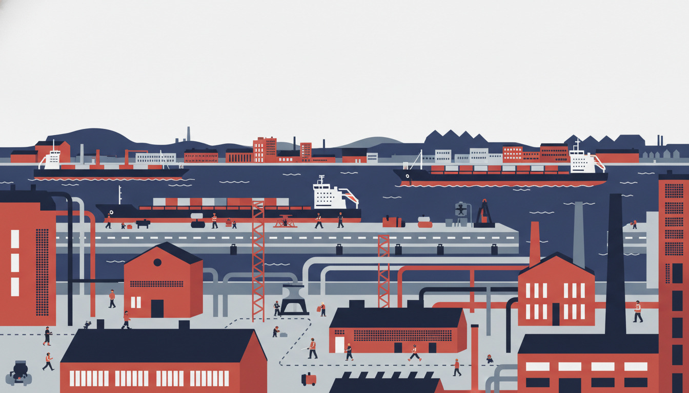 Flad vektorillustration af Kalundborgs industrielle bymænd: røde murstensføbriker og moderne fabrikker med arbejdere i sikkerhedshjelme, lasteskibe, rørledninger og indbyrdes forbundne industrielle strukturer, der symboliserer byens fremstillings- og life science-økonomi.