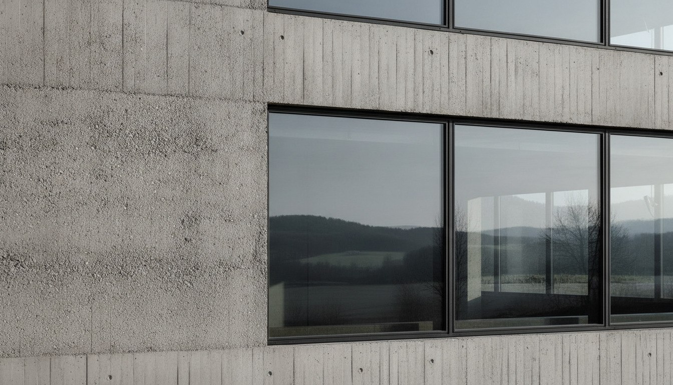 Nærbillede af modernistisk betonvæg og store vinduer med nordisk lys og landskabsudsigt gennem glas.